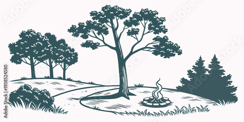 A serene landscape with trees, a river, and a small boat in the distance Vector