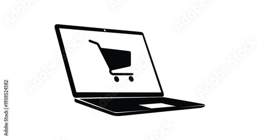 Laptop displaying a shopping cart icon in stark black silhouette