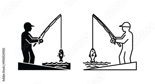 Two fishermen on boats with caught fish a striking silhouette