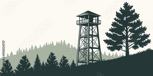 A tall fire lookout tower stands amidst a dense forest of pine trees Vector