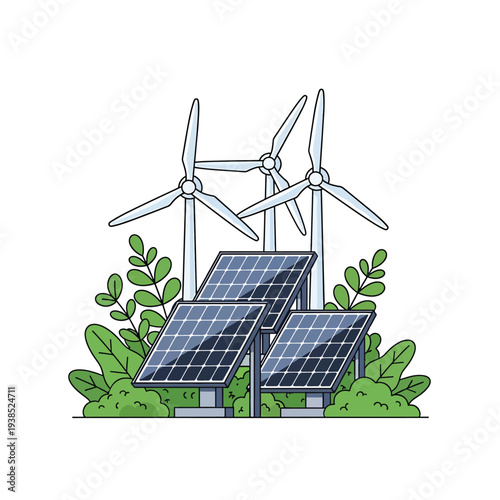 Clean energy concept featuring solar panels and wind turbines amidst lush greenery, symbolizing environmental sustainability