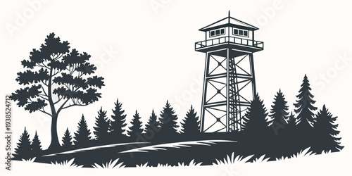 A tall wooden watchtower stands amidst a dense forest of pine trees Vector