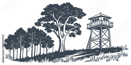 A serene landscape with a watchtower amidst a grove of trees. Vector