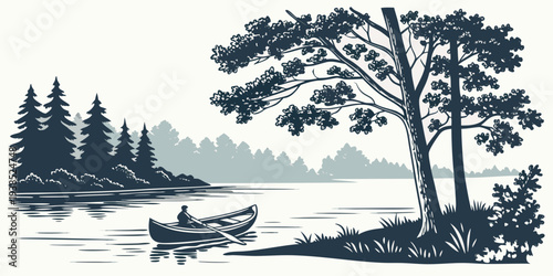 A serene lakeside scene with a small boat and a large tree Vector