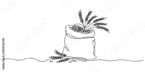 Burlap sack with wheat grains continuous one line drawing, akery pastry products continuous one line illustration. Isolated on transparent background, Sack of Flour with Scoop and Spikelets vector pro