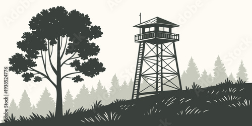 A solitary watchtower stands tall amidst a dense forest, overlooking the landscape. Vector