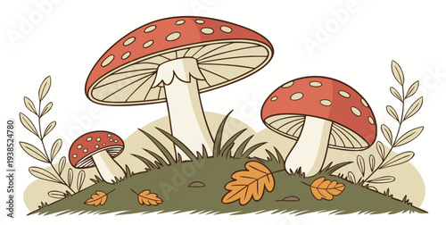 A cluster of brown mushrooms with white spots growing in a grassy area with fallen leaves. Vector