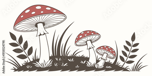 Cluster of mushrooms growing in a forest with green grass and leaves Vector