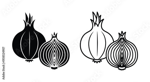 Onion illustrations in contrasting styles including a dark silhouette