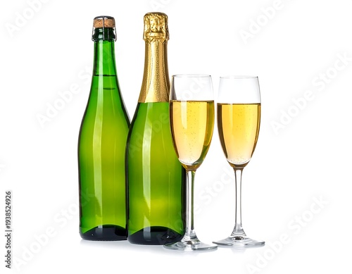 Two green bottles and filled champagne flutes sit against a white background, celebratory and crisp