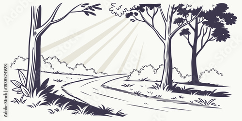 A serene landscape with a winding path, trees, and a distant mountain range Vector