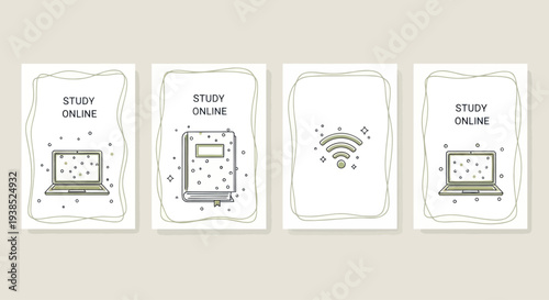 Online Education Concept: Laptop, Book, Wi-Fi Icons on Minimalist Cards