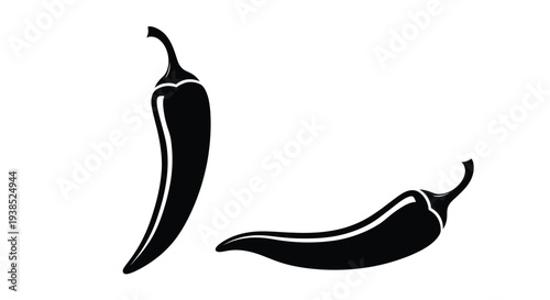 Two black chili peppers displayed against a white background silhouette