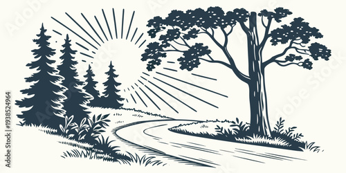 A serene winter landscape with a lone tree standing tall amidst a snowy forest Vector