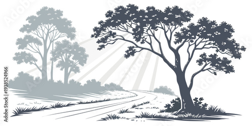 A serene landscape featuring two trees standing tall on a grassy hillside. Vector