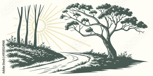 A serene landscape featuring a lone tree standing tall on a grassy hillside Vector