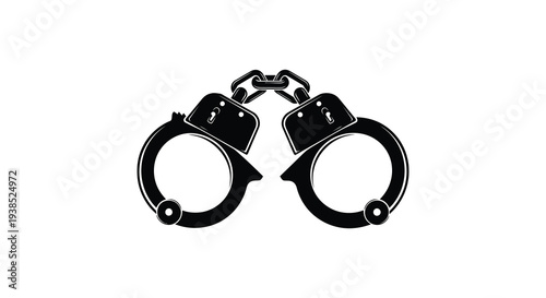 A black and white illustration depicting a pair of open metal handcuffs against a white background