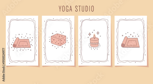 Yoga Studio Cards: Mat, Block, Candle, Mat - Minimalist Illustration