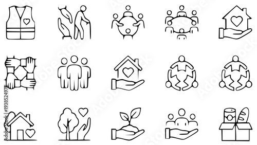 Charity and community icons set featuring people, hands, and hearts representing social causes and nonprofit work in vector graphic illustrations for graphic design and digital media projects online.
