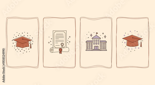 Graduation Cap, Diploma, and University Building Icons on Beige Background