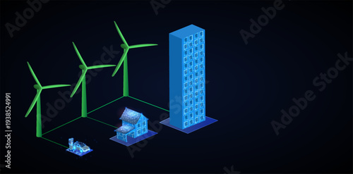 Digital rendering of a wind farm with a house and a high-rise building in a minimalist design setup
