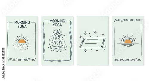 Morning Yoga Illustration Set: Sun, Meditation Pose, Yoga Mat, Peaceful Sunrise