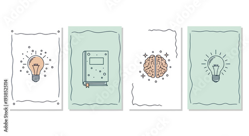Concept of ideas, learning, and creativity: lightbulbs, book, and brain illustration