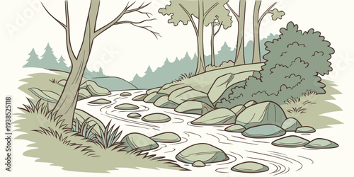 A serene river flowing through a lush, green forest with tall trees and dense foliage. Vector