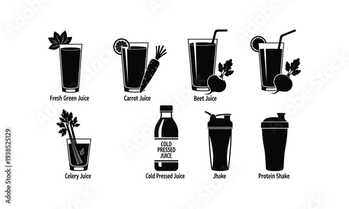 Variety of fresh juice and smoothie illustrations in black silhouette style