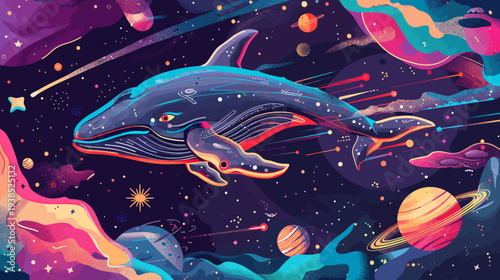 Cosmic whale illustration floating through space with planets and stars