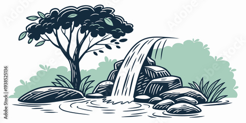 A serene waterfall cascading into a tranquil pool surrounded by lush greenery Vector