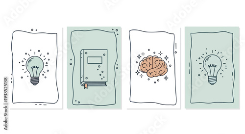 Creative Ideas and Knowledge Concept: Lightbulb, Brain, Book Icons
