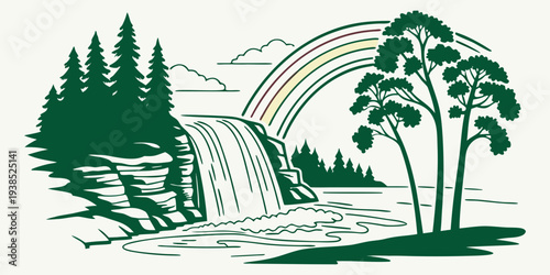 A serene landscape featuring a waterfall cascading into a tranquil pool surrounded by lush trees. Vector