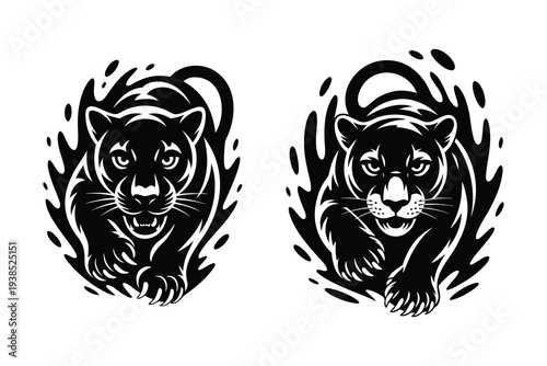 Powerful Black Panther Mascot Logo Set, Fierce Predator Wild Cat Head Vector Illustration