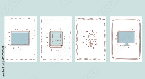 Education and Learning Icons: Chalkboard, Book, Lightbulb, Computer