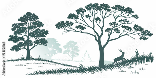 A serene landscape with tall trees and a calm river flowing through the scene. Vector