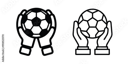 Goalkeeper Hands Holding Soccer Ball Icon Set, Football Sports Vector Line Art