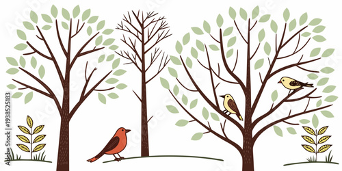 A vibrant red cardinal perched on a bare tree branch in a winter landscape Vector