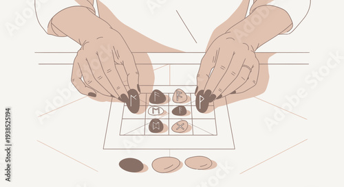 Illustration of hands playing a strategy board game with stones.