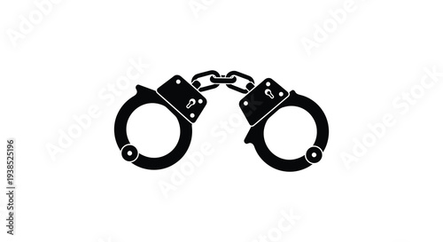 A stark black silhouette depicts a pair of closed handcuffs against a plain white background