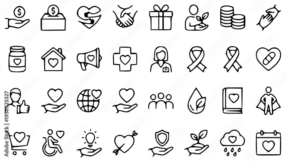 Fototapeta premium Charity icon set collection with donation and giving vector illustrations for non-profit organizations and fundraising campaigns online.