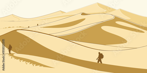 A lone traveler journeys through the vast and endless desert landscape. Vector