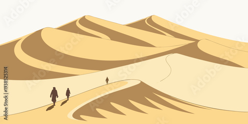 Two people walking on a vast, undulating desert landscape with sand dunes. Vector
