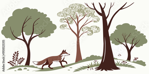 A serene scene of animals grazing and resting in a lush, green forest. Vector