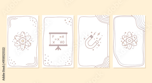 Science Icons and Formulas: Atom, Magnetism, Physics Equations on White Background