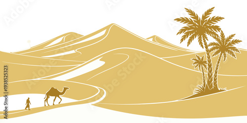 A serene desert landscape with a lone camel and palm trees in the distance Vector