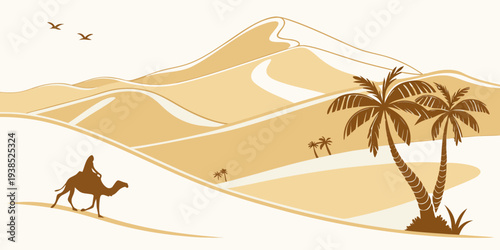 A camel caravan traverses the vast and arid desert landscape under a clear blue sky. Vector