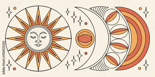 Abstract boho aesthetic geometric shape set. Contemporary mid century line design with sun and moon phases trendy bohemian style. Modern vector illustration. vector icon