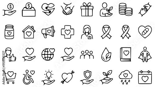 Charity icon set collection with donation and giving vector illustrations for non-profit organizations and fundraising campaigns online.