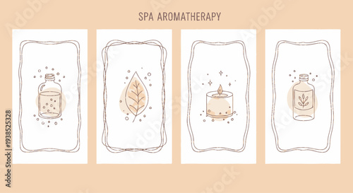 Spa Aromatherapy: Essential Oils, Candle, Leaf Icons in Hand-Drawn Frames